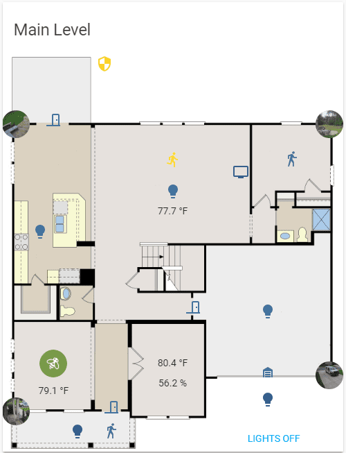 Screenshot of a floorplan with sensor info and light/camera controls overlayed.