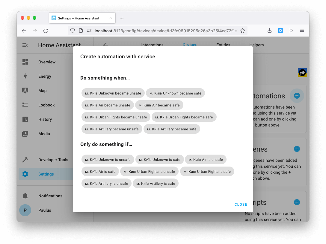 Screenshot of possible automations based on the safety sensors.