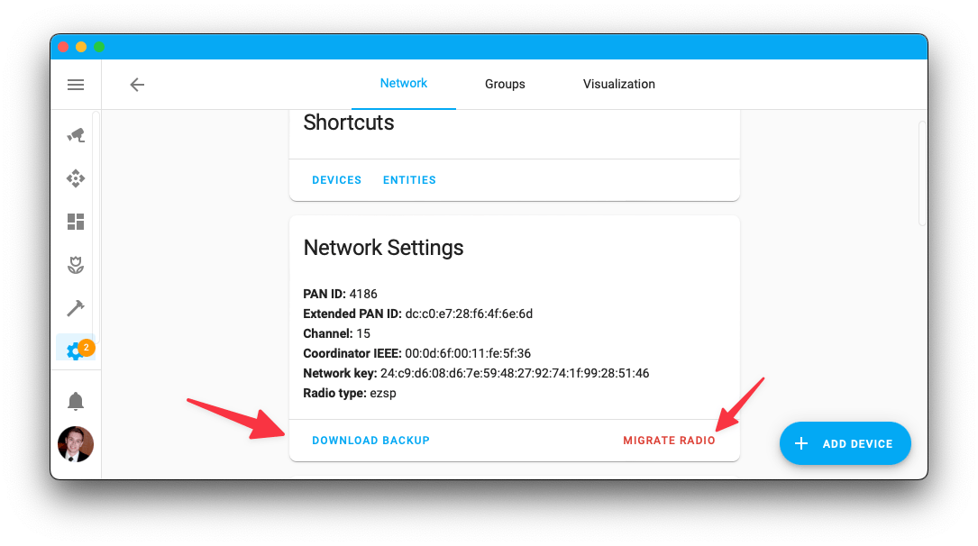 Screenshot showing the Zigbee Home Automation configuration page and the new backup functionality