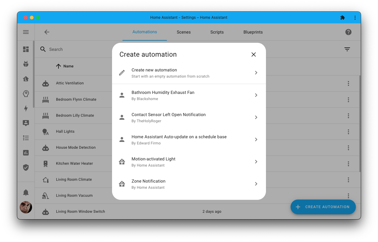 Screenshot showing the improved createnew automation dialogs, which allows easily starting a new automation from a blueprint or from scratch.