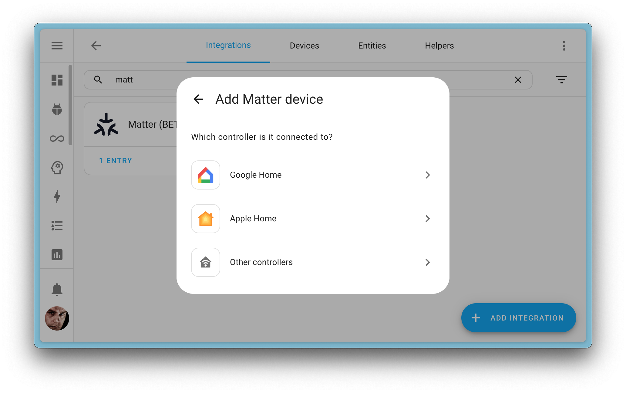 Screenshot showing the dialog to add a existing Matter device that is connected to another Matter controller.