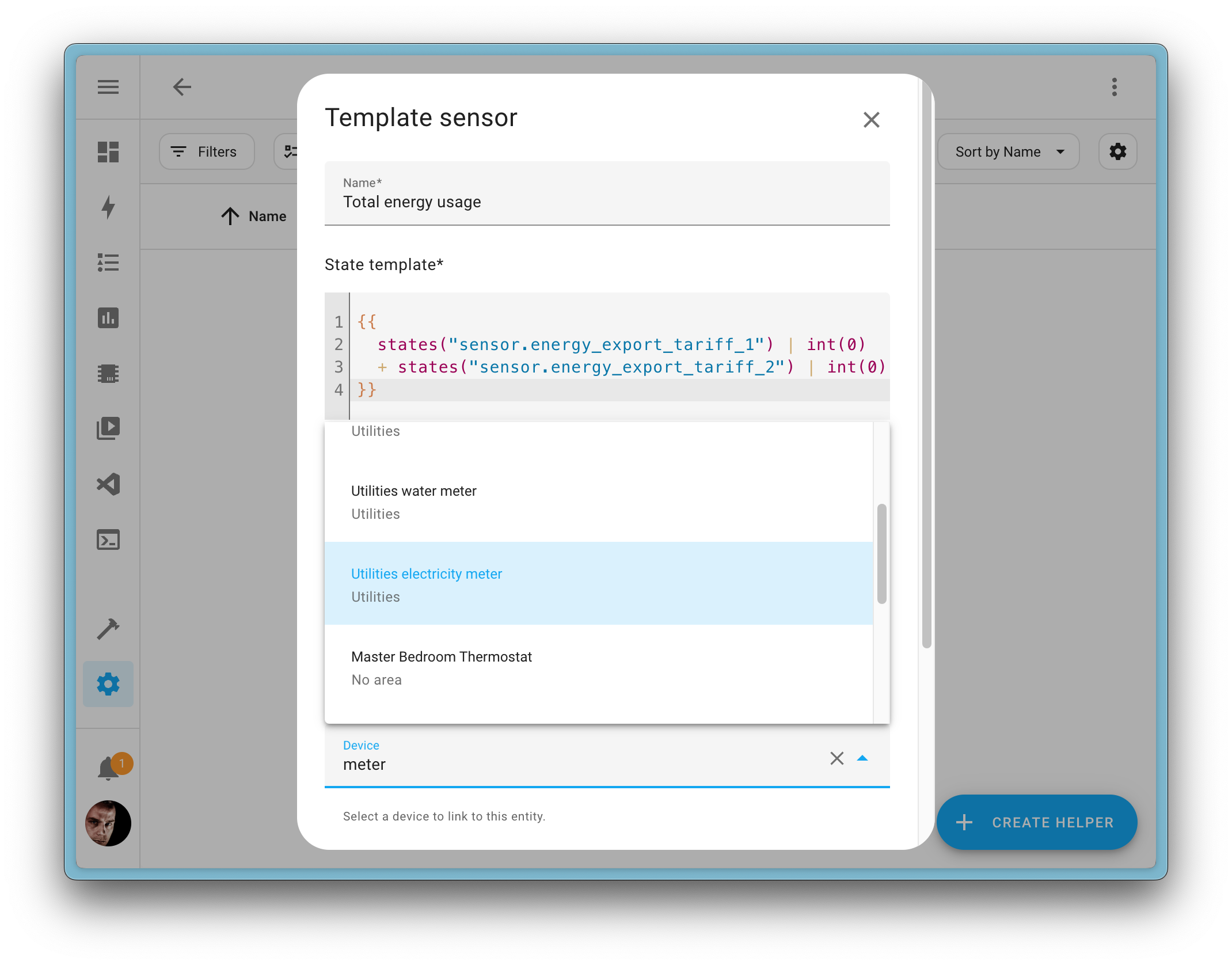 Screenshot showing you can select a device the template can be linked to, when adding a new template helper.