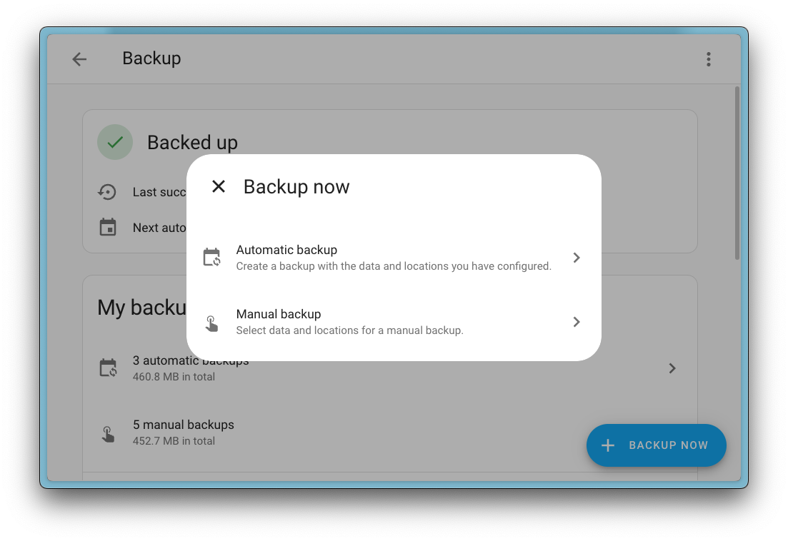 Screenshot showing the backup now button + dialog that allows you to trigger an off-schedule backup at any time