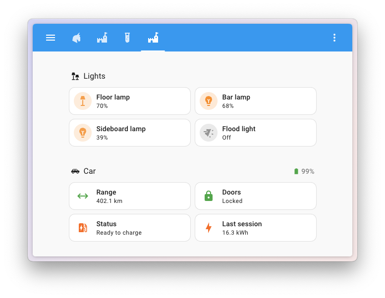 Screenshot showing tile cards with and without direct actions on their icons. The ones that do have a direct action have a circular background, others don't.