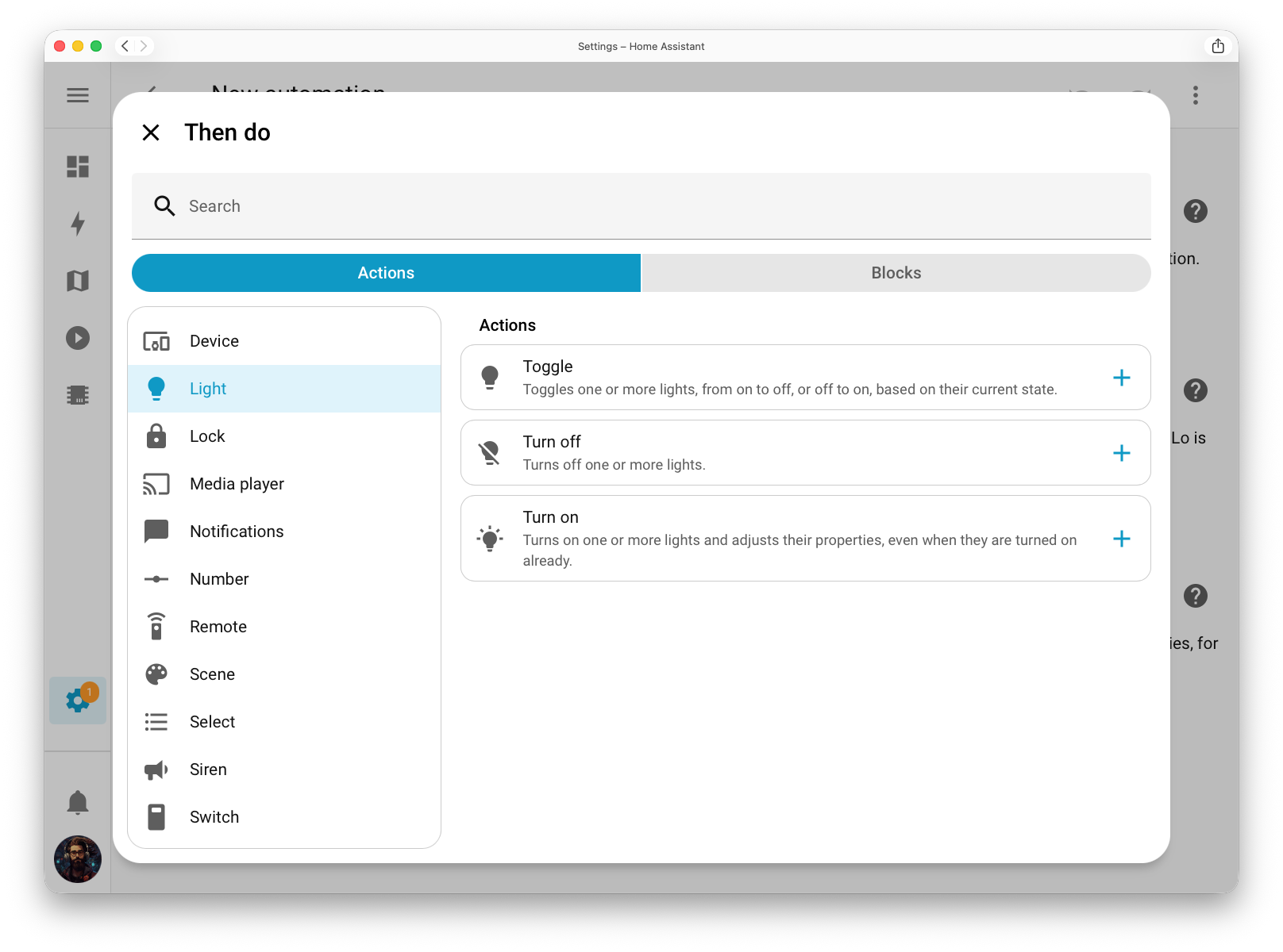 Screenshot of the new dialog to add an action.