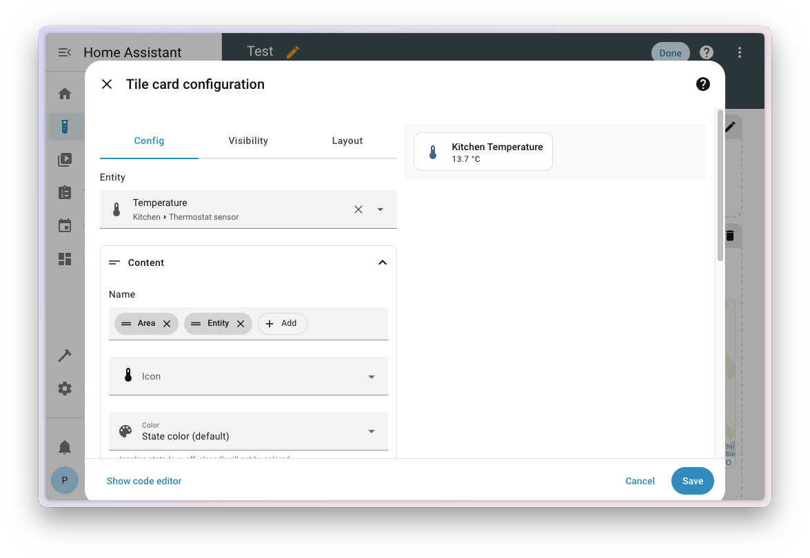 Screenshot of the configuration dialog of a tile card.