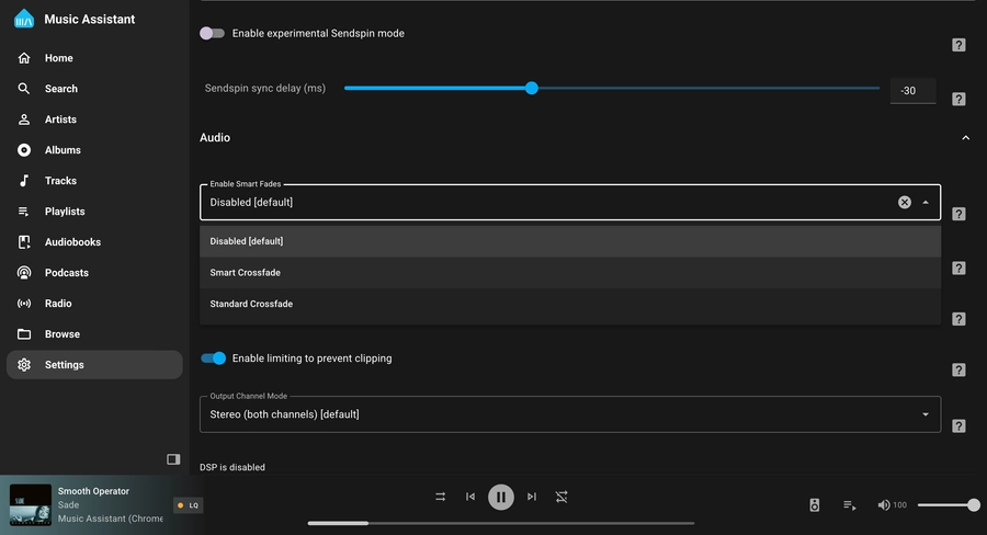 Screenshot of the Music Assistant app showing the smart fades setting