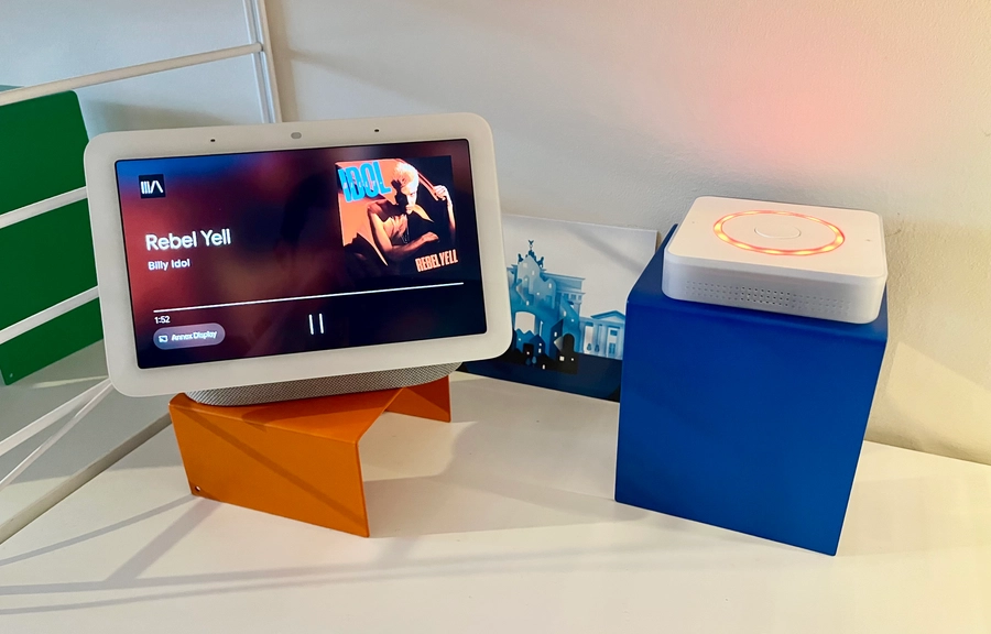 Google Nest Hub playing Music Assistant alongside a Home Assistant Voice Preview Edition