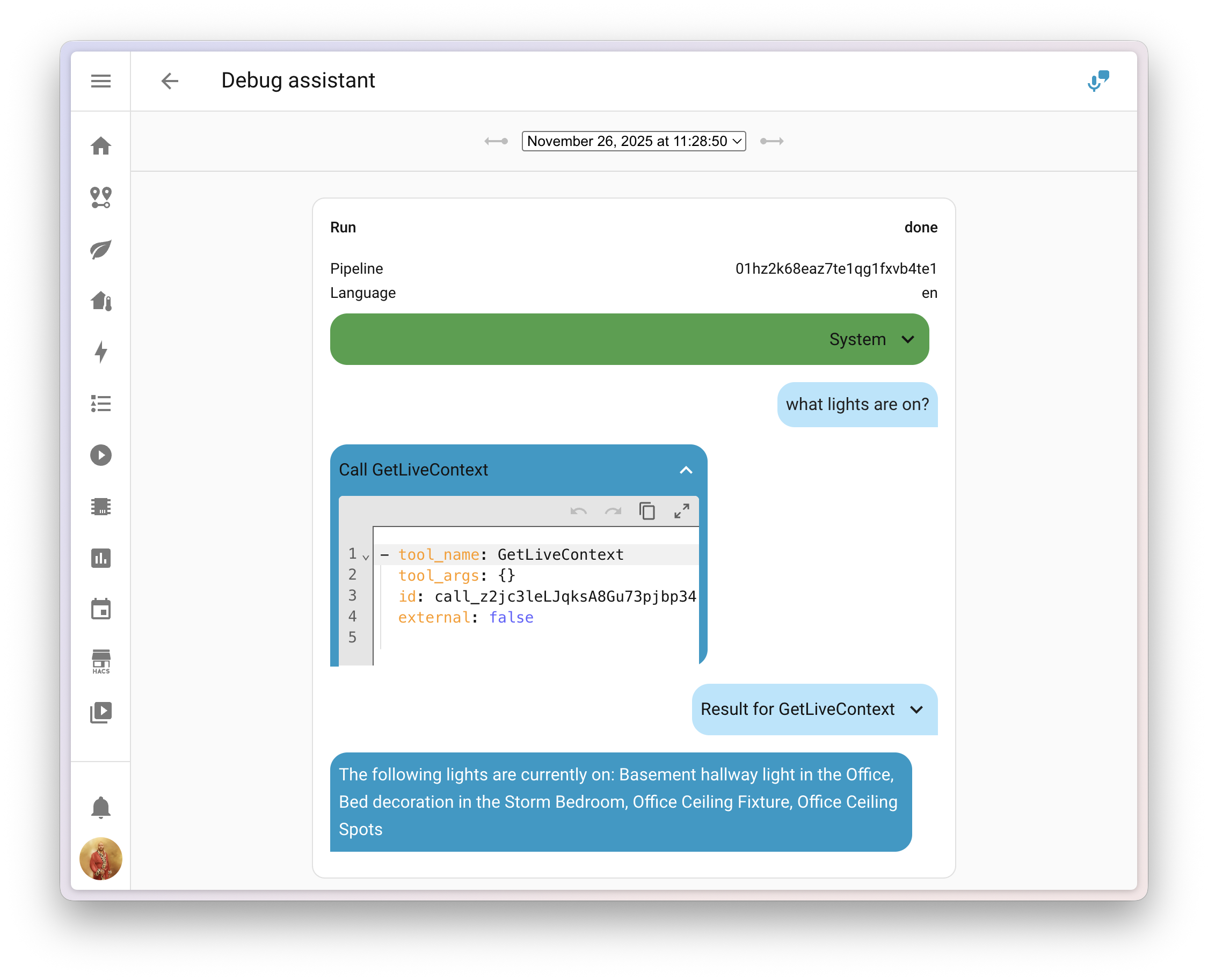 Screenshot showing the new AI conversation debug interface with system prompt and tool calls visible.