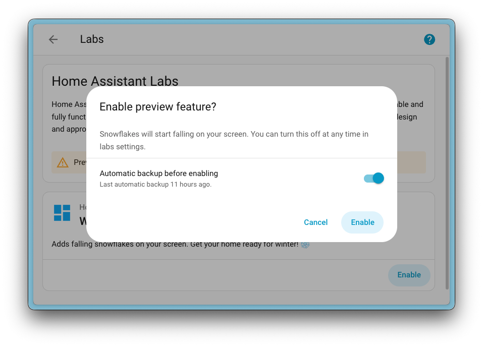 Screenshot showing the backup option when you enable a preview feature.