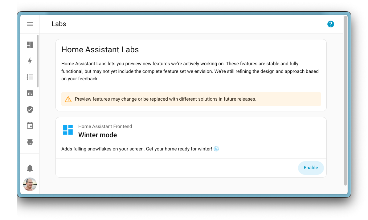 Screenshot showing the new Home Assistant Labs panel with preview features you can enable or disable.