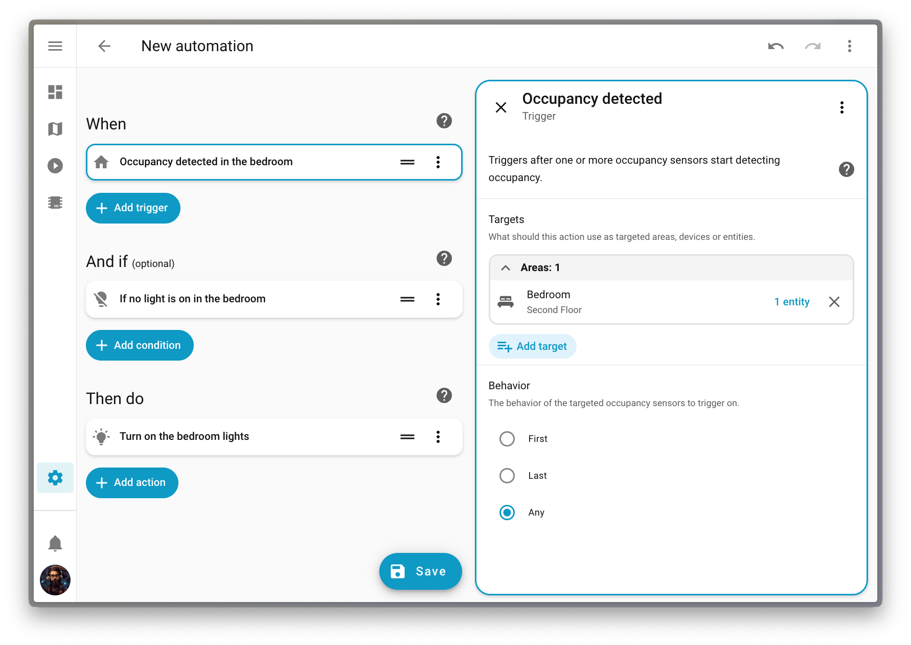 Screenshot showing the new purpose-specific triggers and conditions in the automation editor.