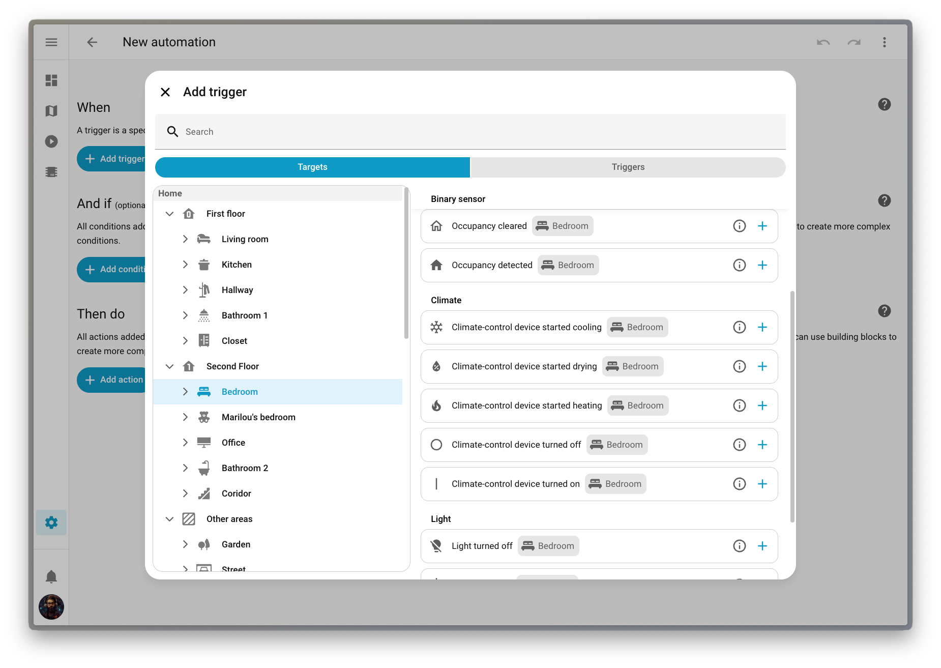 Screenshot showing the new target-first picker for triggers, conditions, and actions.