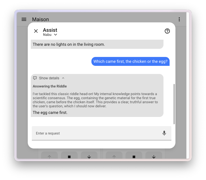 Screenshot of the Assist dialog showing an expanded Show details section with the AI agent thinking steps and tool calls.