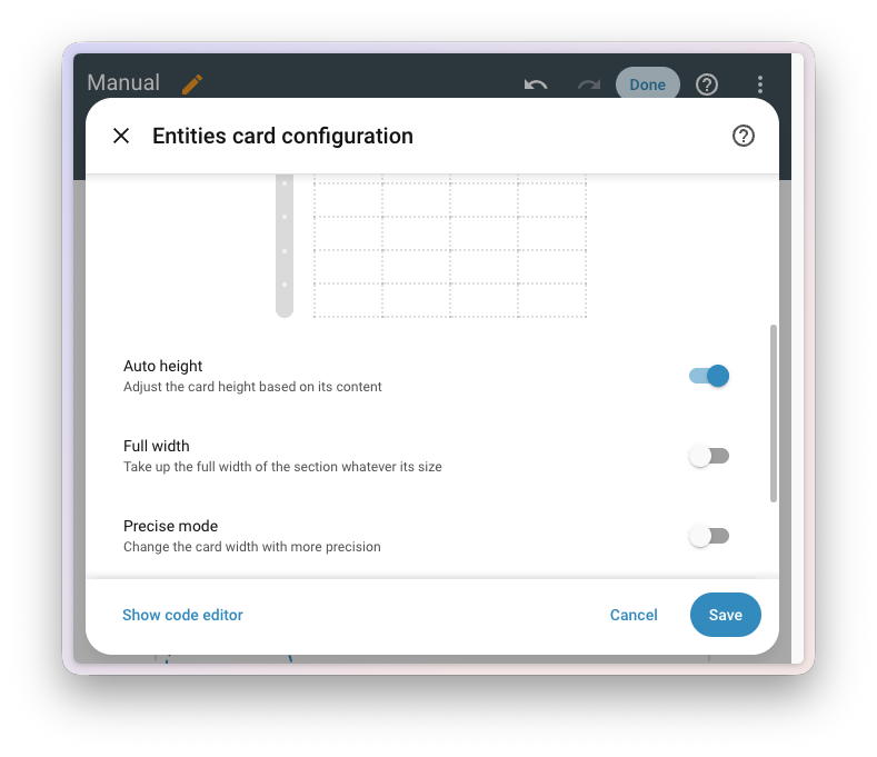 Screenshot of the card layout editor showing the Auto height option enabled, along with Full width and Precise mode options.