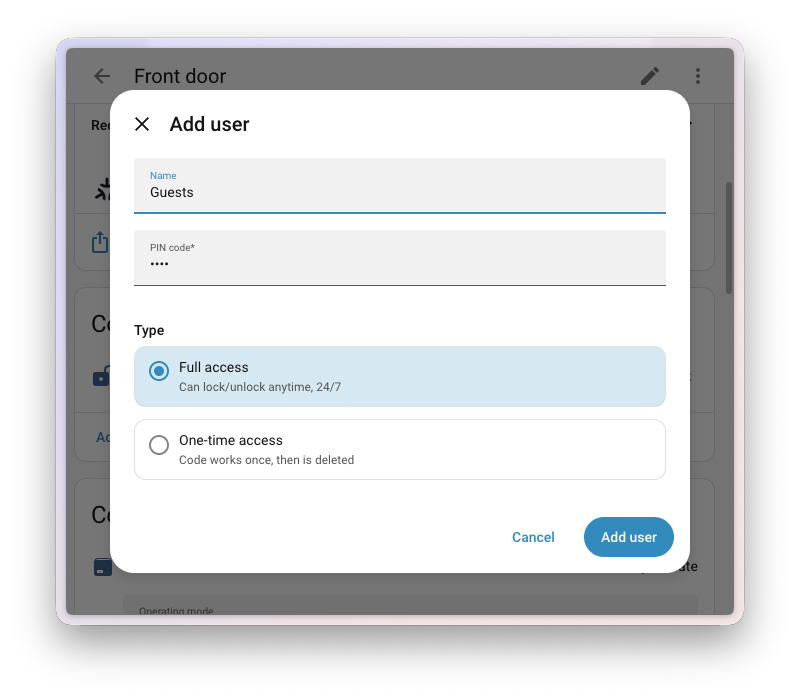 Screenshot of the add user dialog with fields for name, PIN code, and access type.