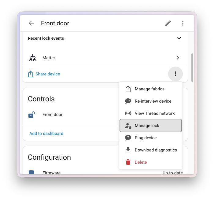 Screenshot of the Matter lock management dialog showing a list of configured lock users and their credentials.