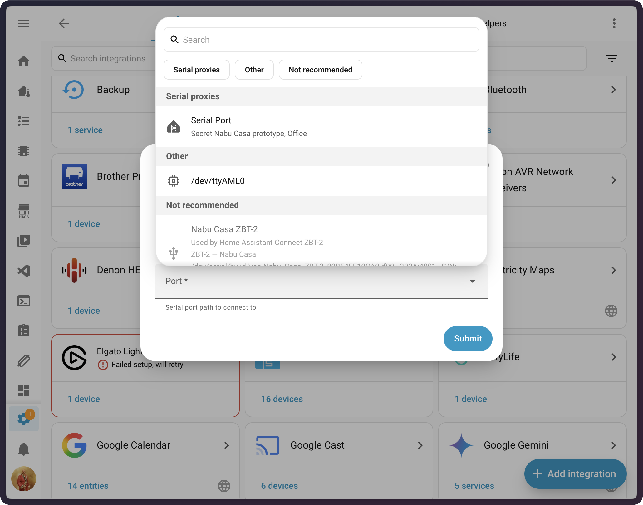 Screenshot of the new serial port selector in the UI, showing local USB serial ports and remote ESPHome serial proxies side by side.