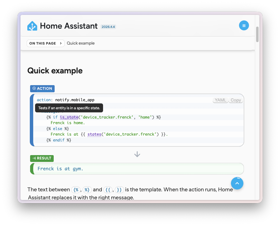 Screenshot of the new templating documentation showing an interactive function tooltip and an input/output example block.