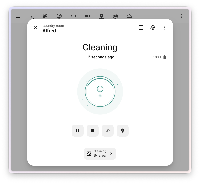 Screenshot of the redesigned vacuum more-info dialog with the new illustration and action buttons.