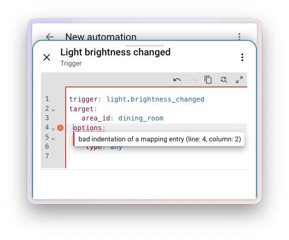 Screenshot of the YAML editor showing inline linting with an error highlighted on the offending line.