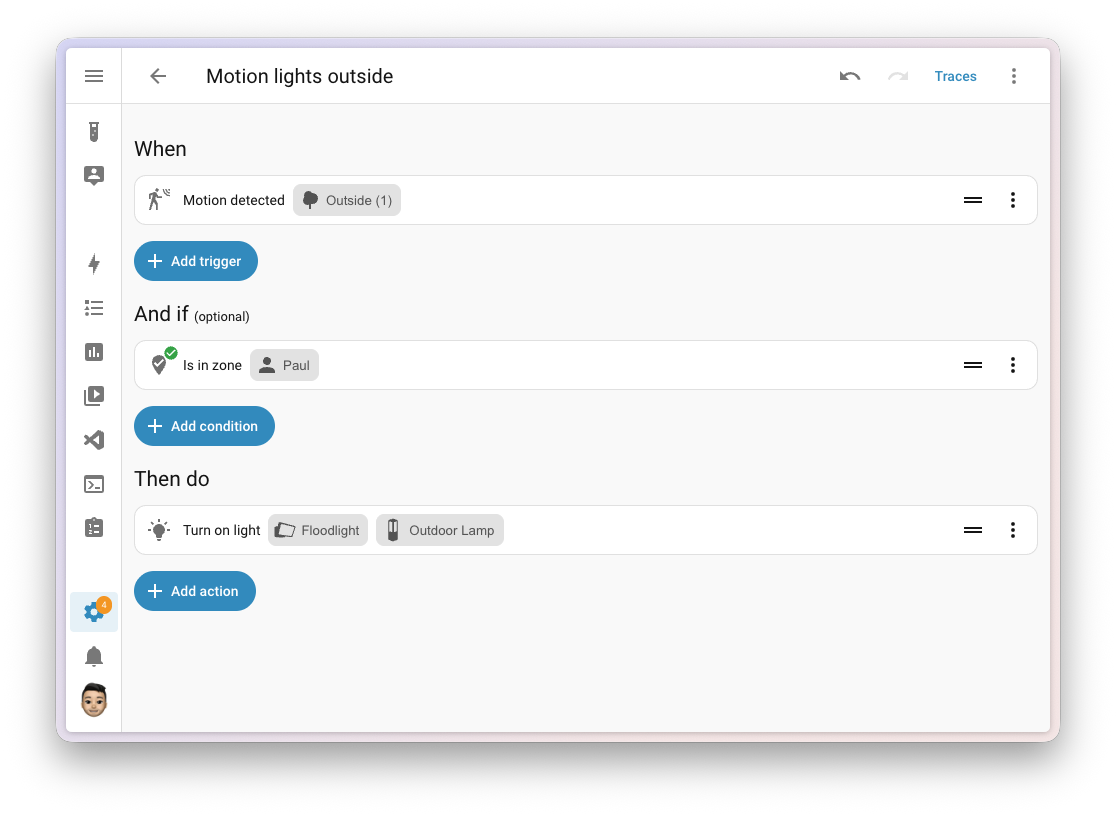 Screenshot of an automation built around motion in an area instead of a single sensor entity.