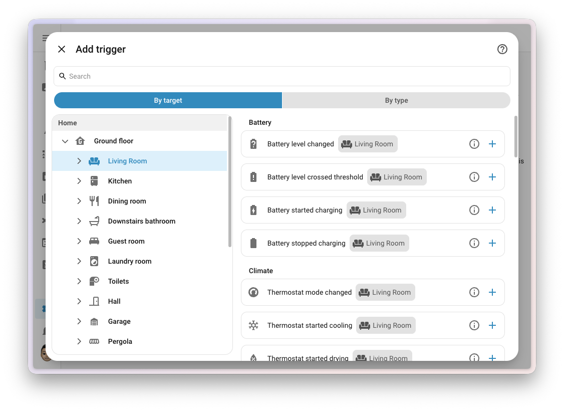 Screenshot of the automation editor showing the new purpose-specific triggers, described by what they do rather than their underlying state.