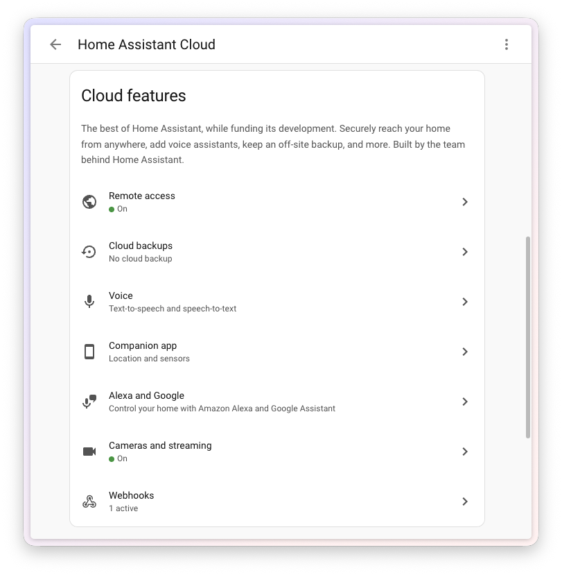 Screenshot of the lower part of the redesigned Home Assistant Cloud page, showing more cloud features and their settings.