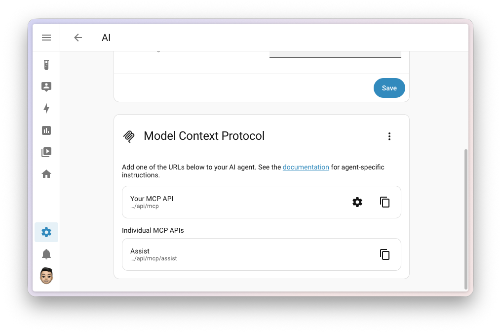 Screenshot of the AI settings page with the new Model Context Protocol card, listing the URLs to add to your AI agent, each with a button to copy it.
