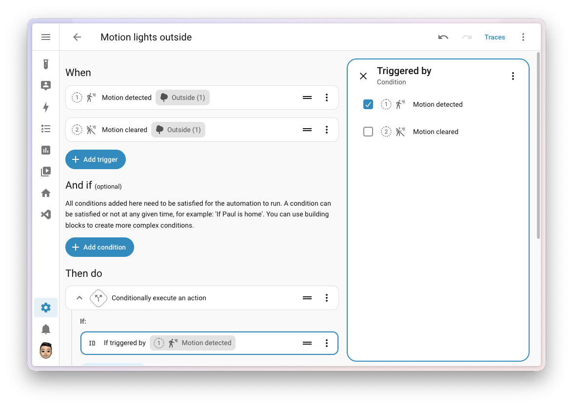 Screenshot of the automation editor with two numbered triggers, Motion detected and Motion cleared, and a Triggered by condition where the first trigger, Motion detected, is checked.