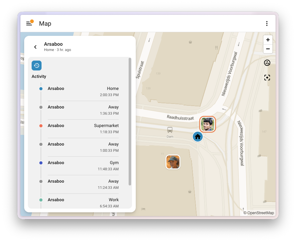 Screenshot of the recent activity of a person in the map overview, with each entry marked in the color of its zone.