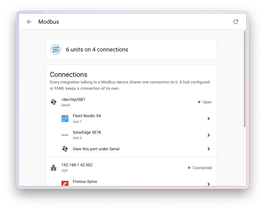 Screenshot of the Modbus panel, listing a serial port shared by a Flexit and a SolarEdge device, and a network connection to a Fronius inverter.