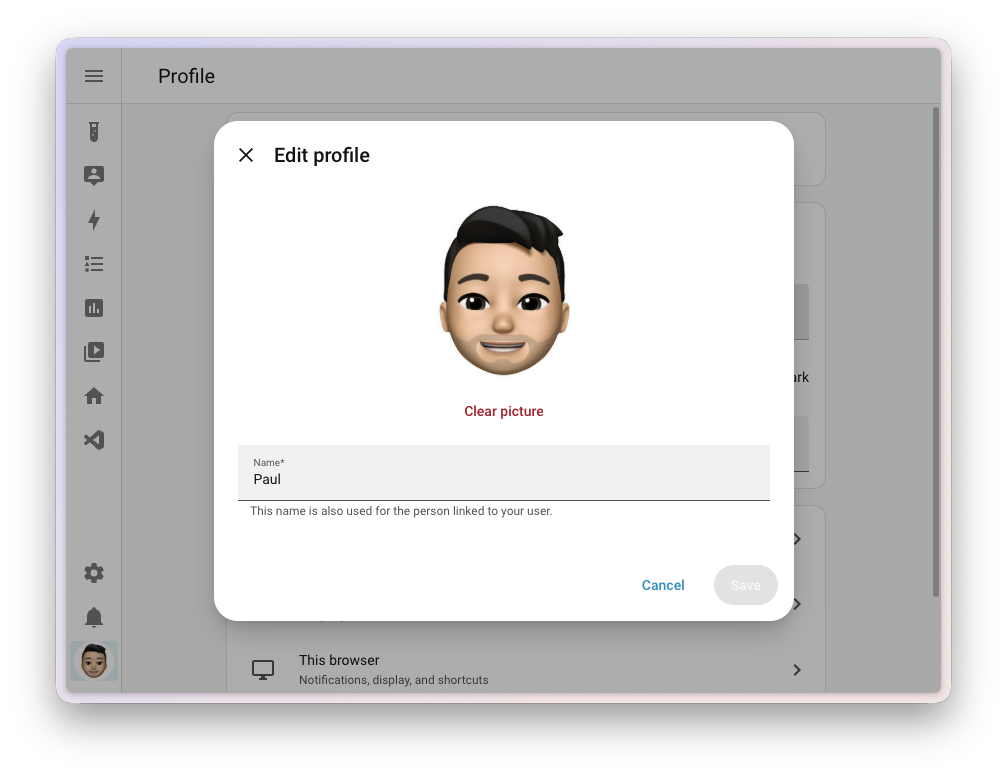 Screenshot of the Edit profile dialog, with the profile picture, a button to clear it, and a field to change your name.