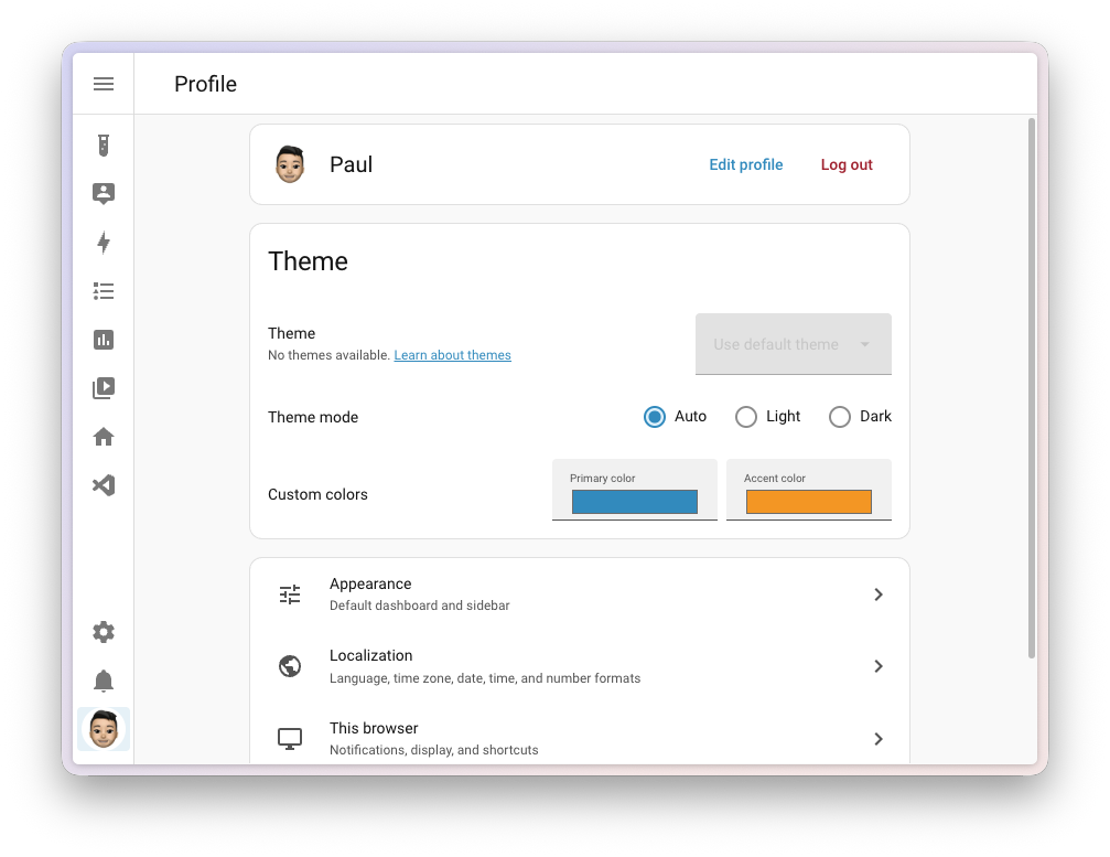 Screenshot of the redesigned user profile page, showing the account card, the theme picker, and the Appearance, Localization, and This browser sections.