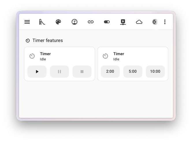 Screenshot of two tile cards for a timer, one with the timer actions buttons to start, pause, and cancel it, and one with a row of preset buttons for 2, 5, and 10 minutes.