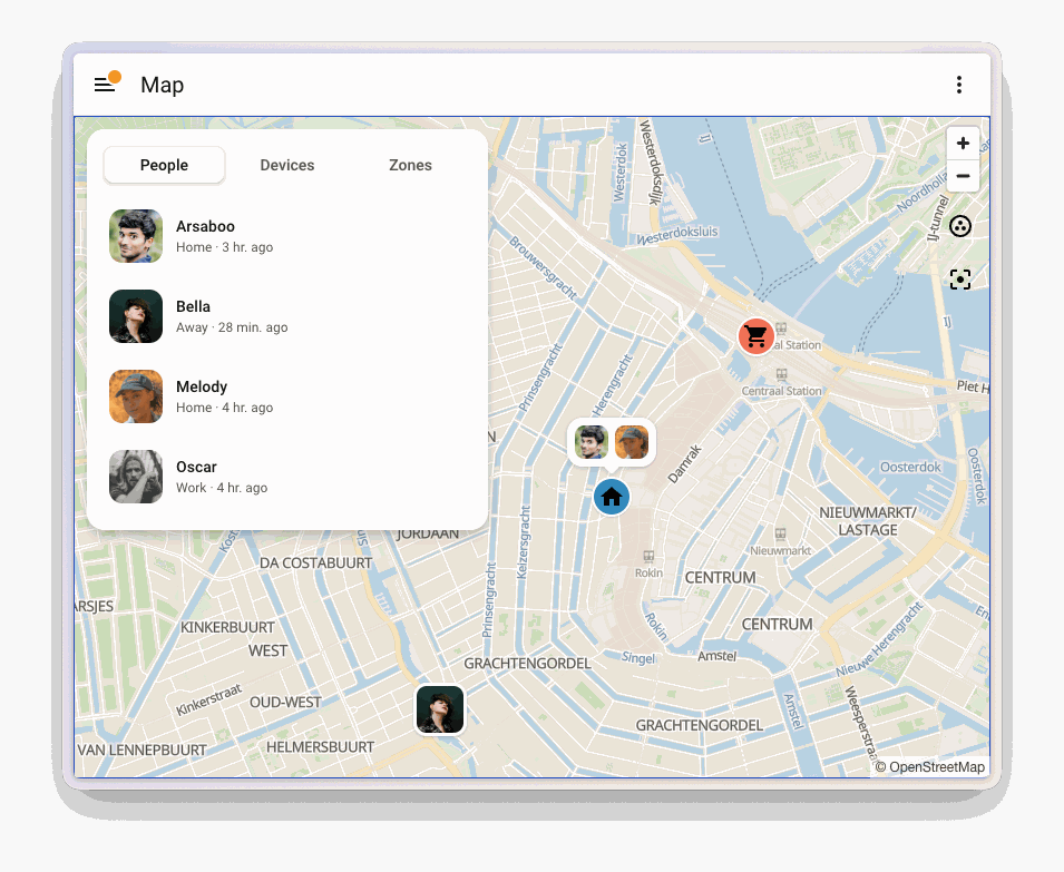 Screenshot of the Map dashboard in Home Assistant showing four people, two of them at the home zone, one at a shop zone, and one on their own.