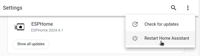 Settings, three dot menu, restart Home Assistant