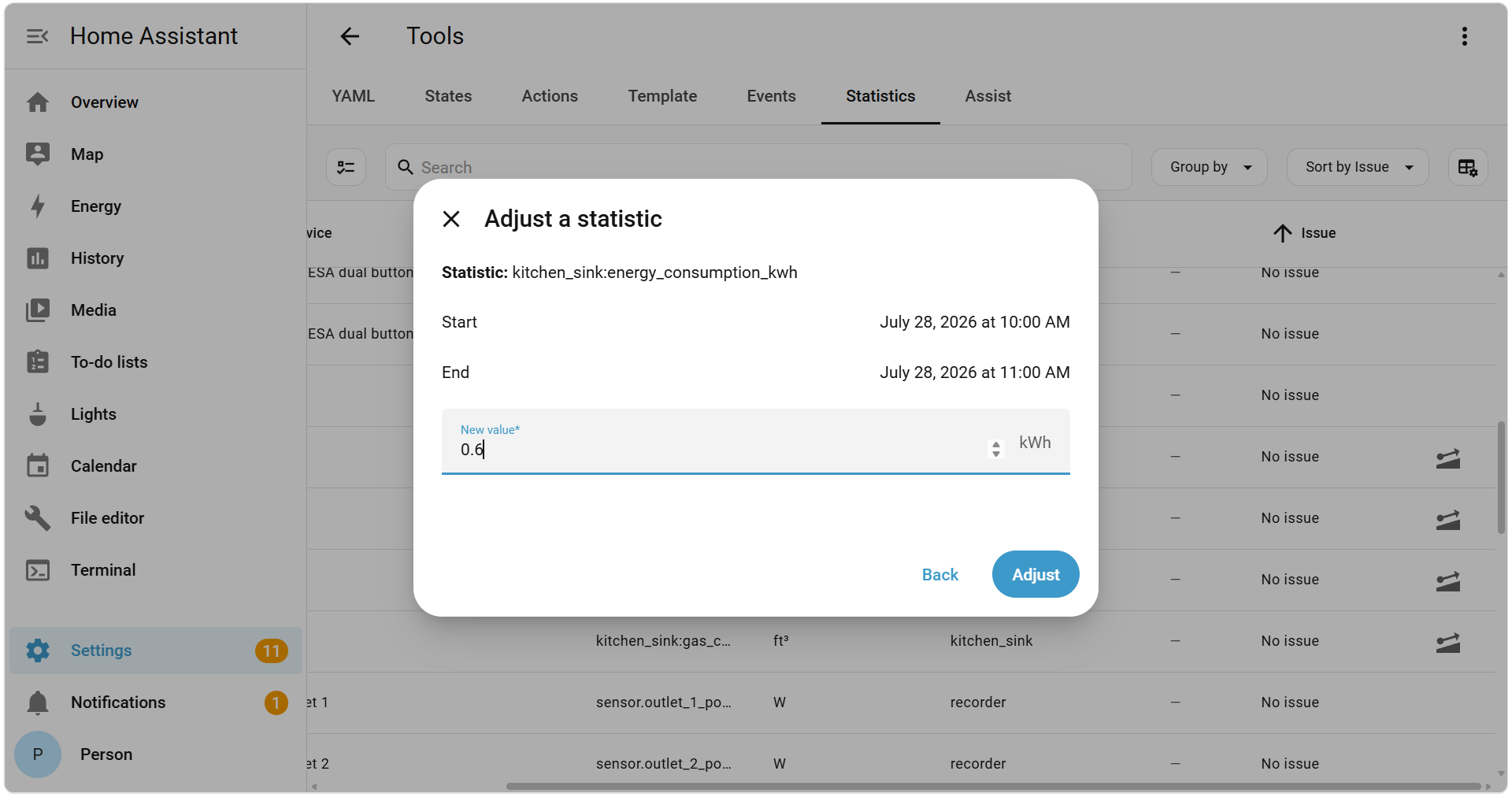 Screenshot showing the dialog to adjust a previous selected statistic value