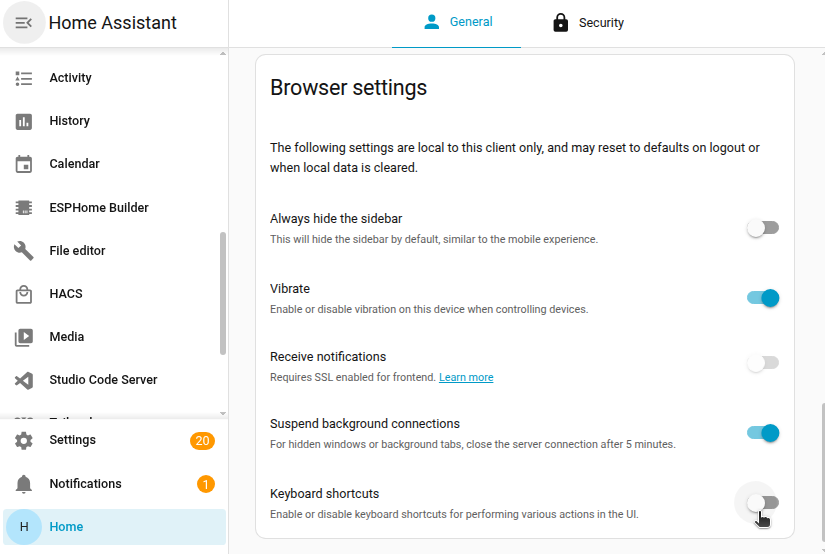 Toggle for enabling or disabling keyboard shortcuts