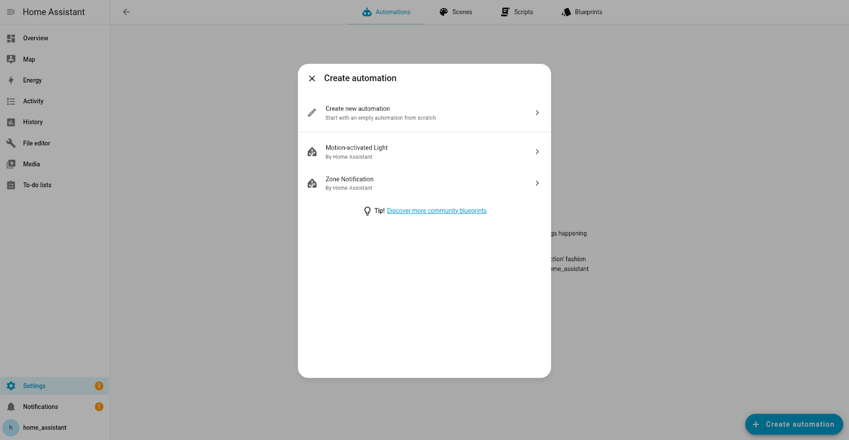Create automation dialog