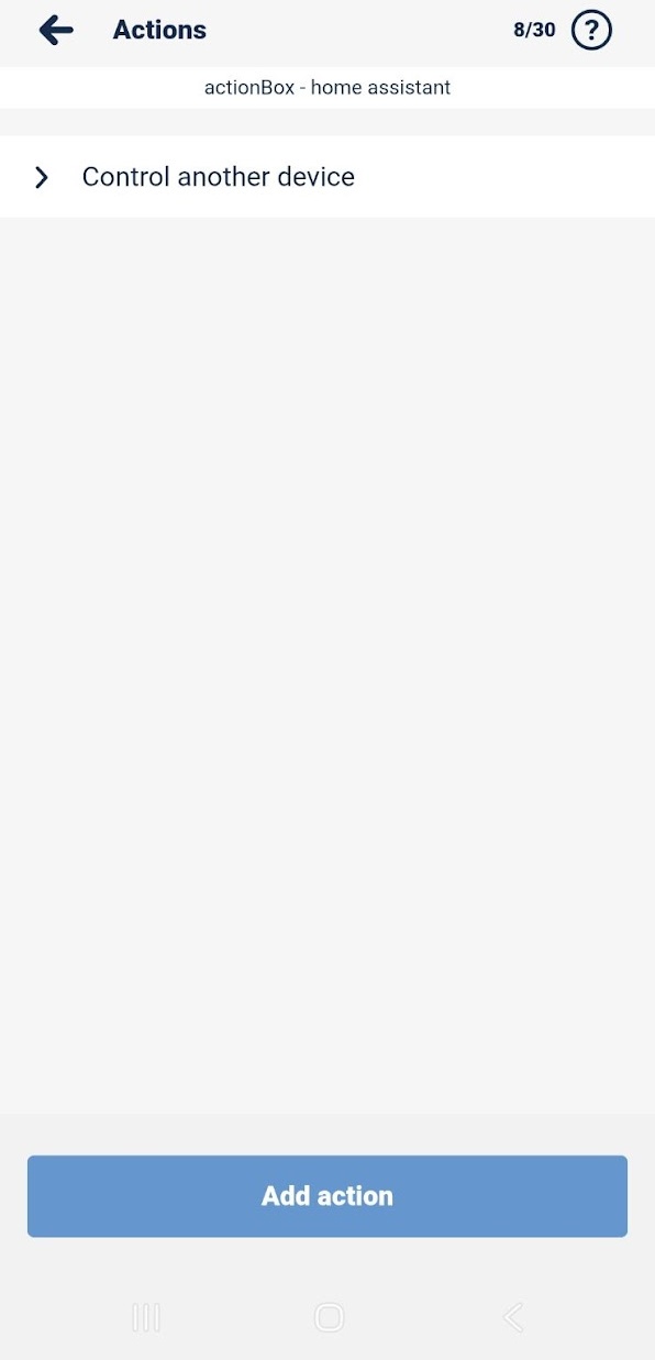 wBox app Actions screen with Add action button