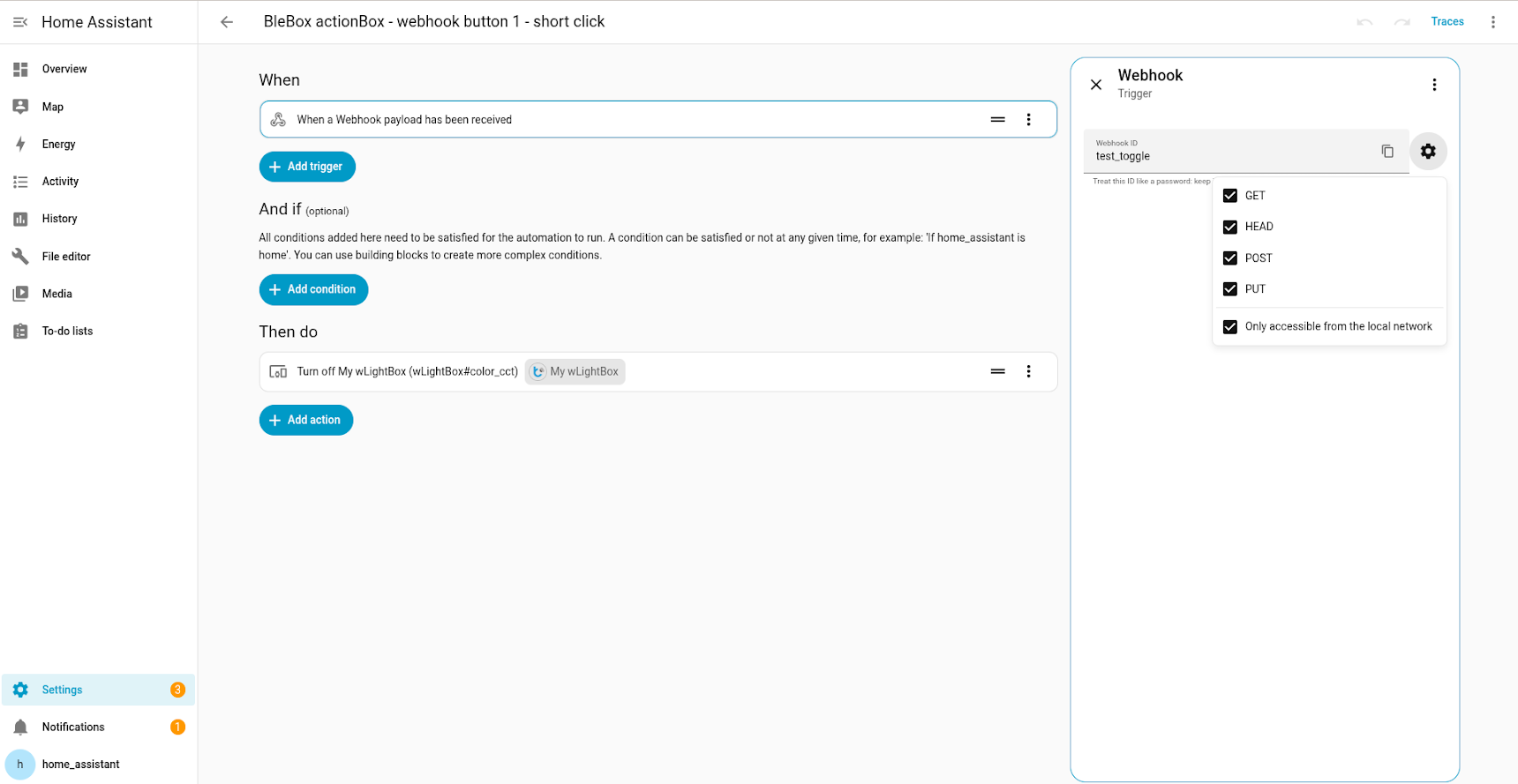 Webhook settings with GET method enabled
