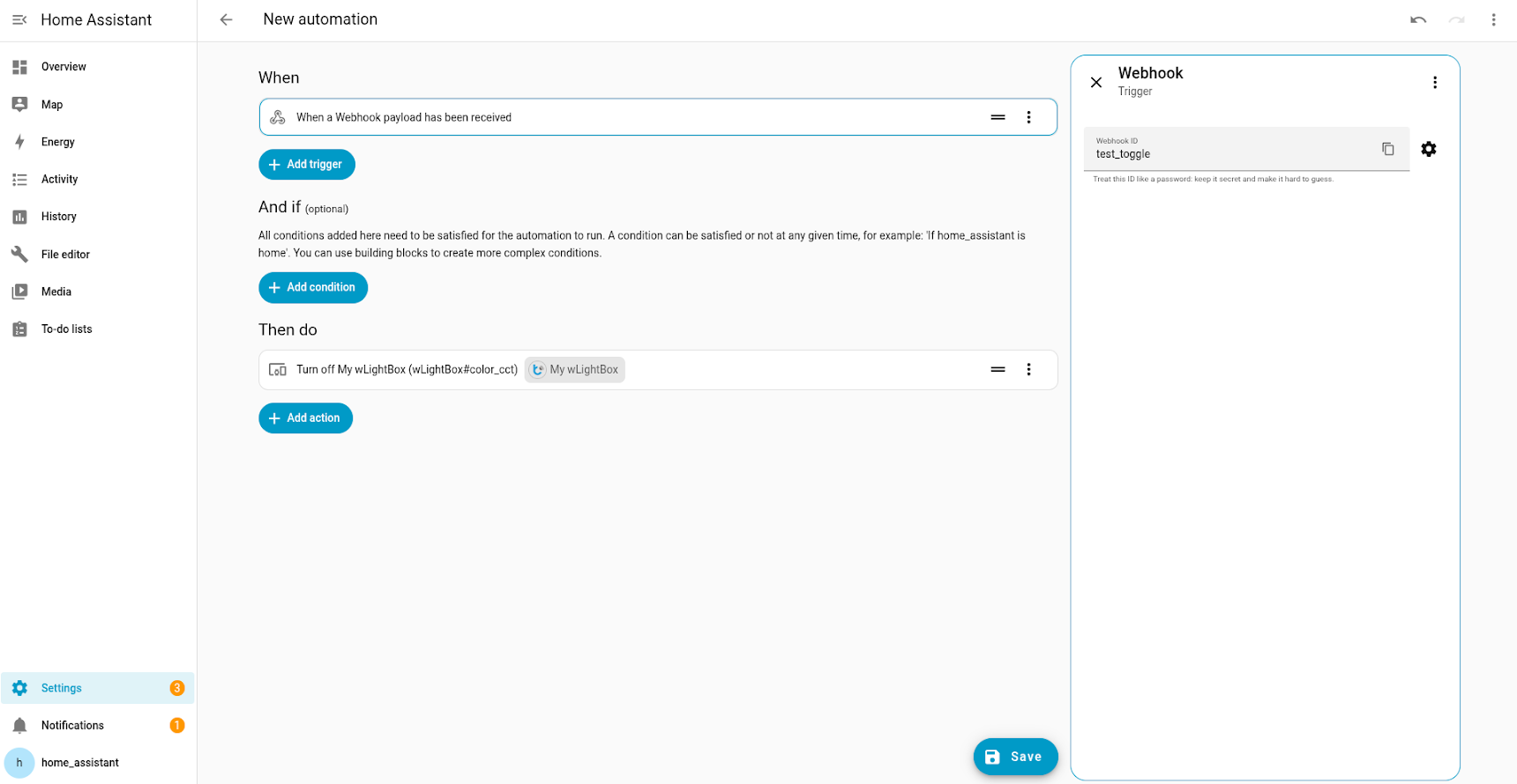 New automation with webhook trigger