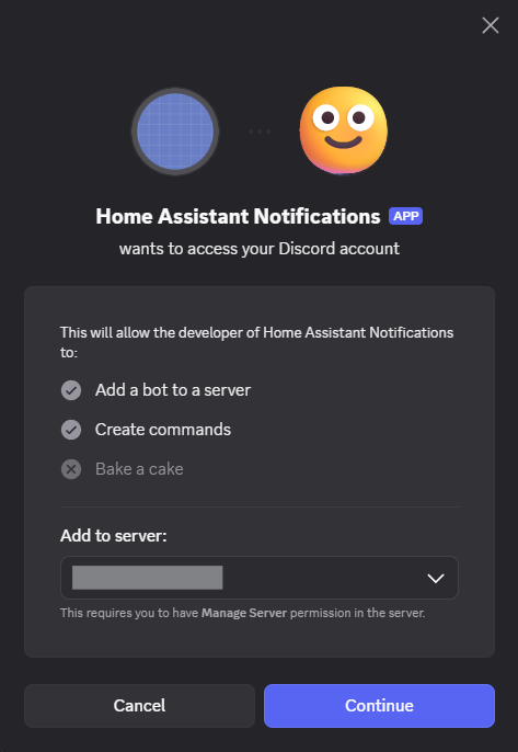 Screenshot of the Discord authorization dialog for adding the Home Assistant Notifications bot to a server