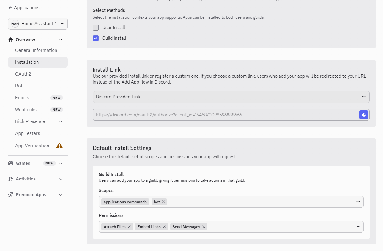 Screenshot of the Installation page in the Discord Developer Portal showing Guild Install scopes and permissions