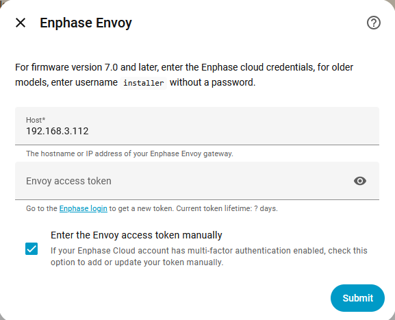 Example screenshot of Envoy configuration form in manual token entry mode.