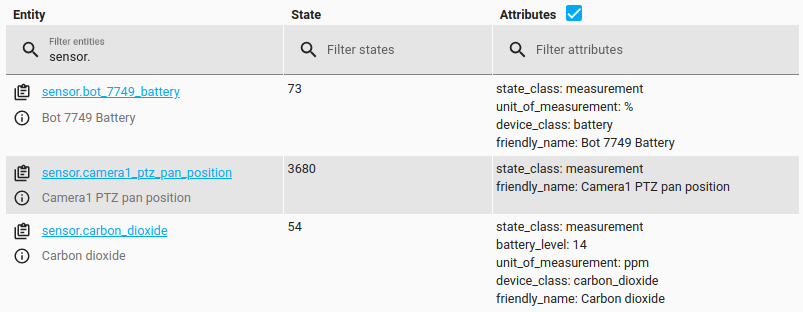 Screenshot showing the state of a sensor entity in the developer tools