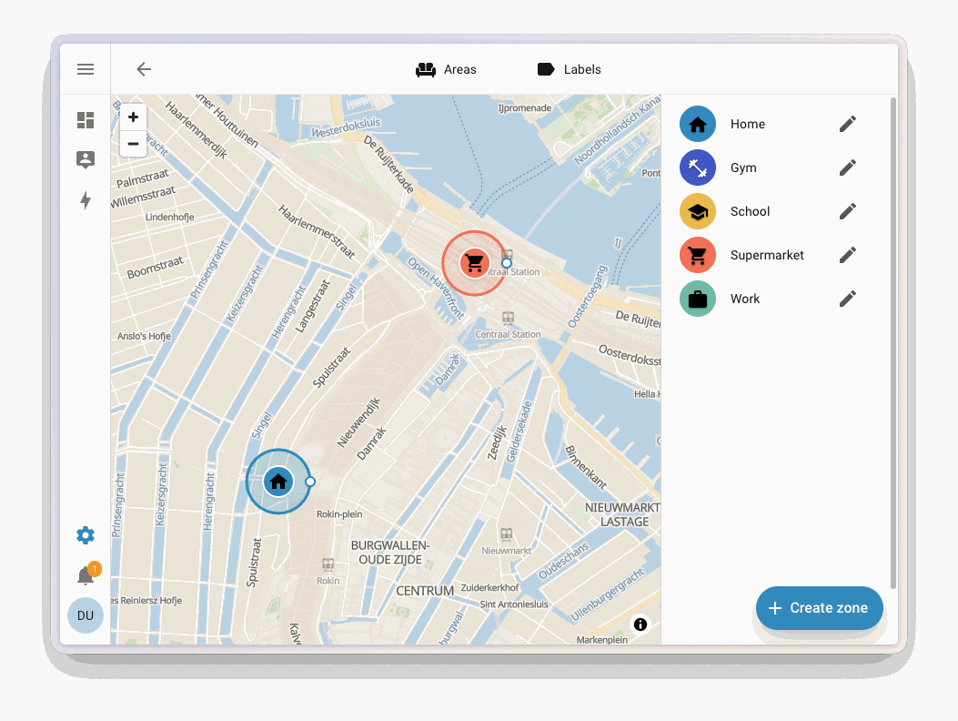 Screenshot of the Zones page in Home Assistant. A map shows the home and supermarket zones with their circles, and a list shows the home, gym, school, supermarket, and work zones.