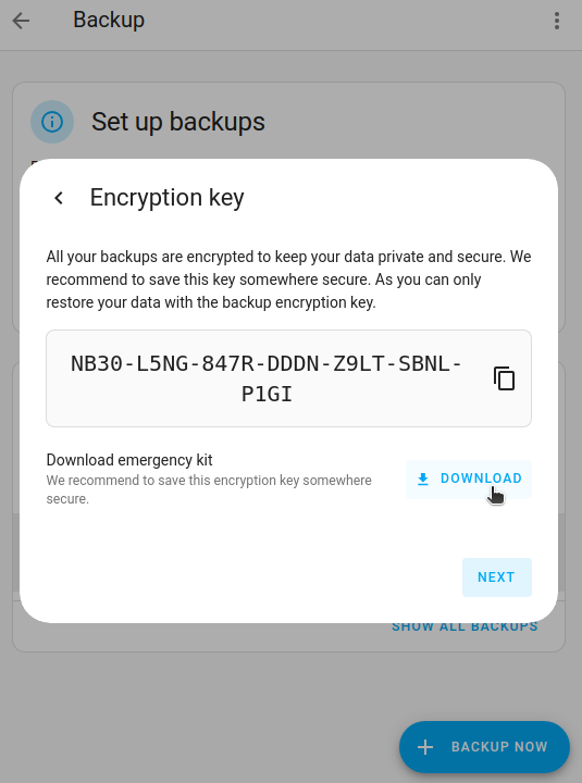 Screenshot showing the encryption key in the download dialog for the backup emergency kit