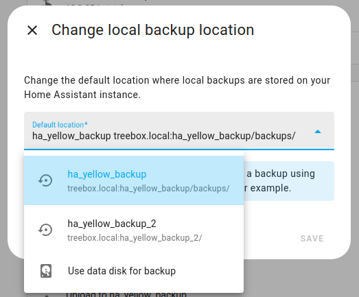 Select default location used for local backup